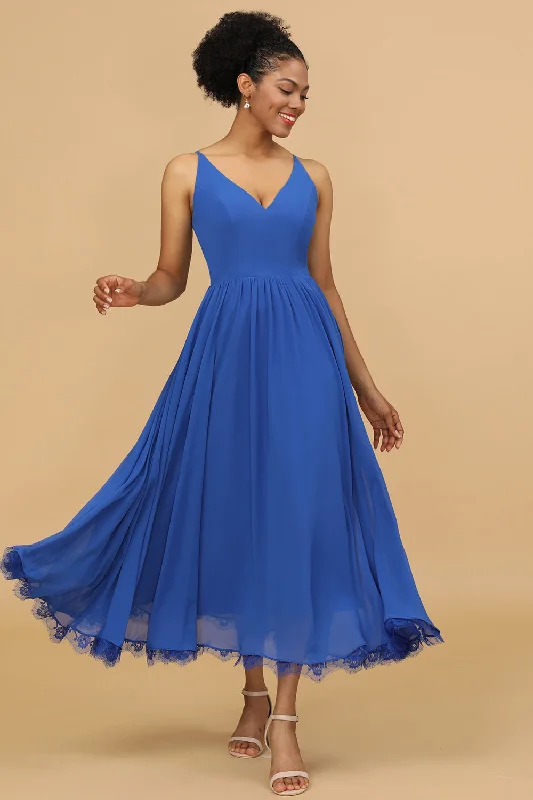 Wrap - style wedding guest dresses with bow accentsRoyal Blue A Line Spaghetti Straps Long Chiffon Bridesmaid Dress with Ruffles Wrap - style wedding guest dresses with bow accentsRoyal Blue A Line Spaghetti Straps Long Chiffon Bridesmaid Dress with Ruffles
