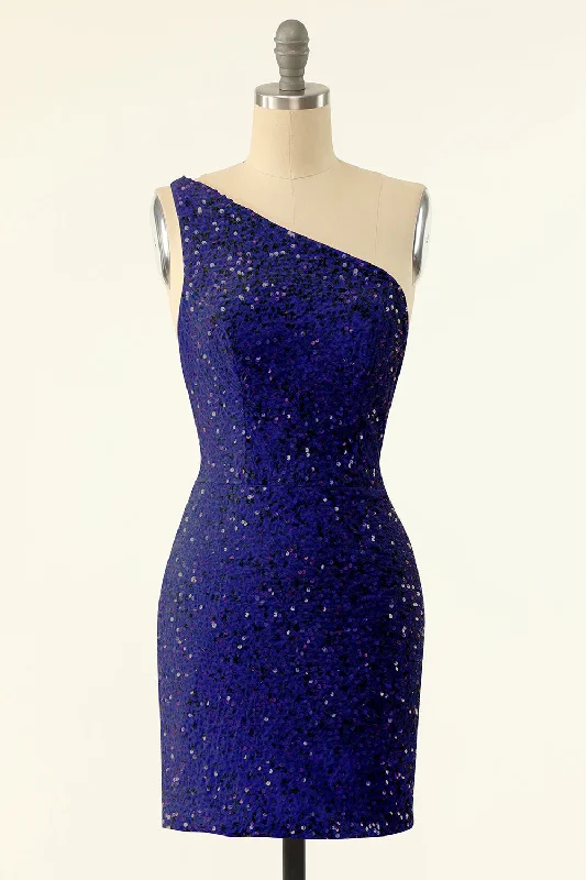Mini cocktail dresses with a glittery finish for a party - ready styleRoyal Blue One Shoulder Sequins Tight Homecoming Mini cocktail dresses with a glittery finish for a party - ready styleRoyal Blue One Shoulder Sequins Tight Homecoming