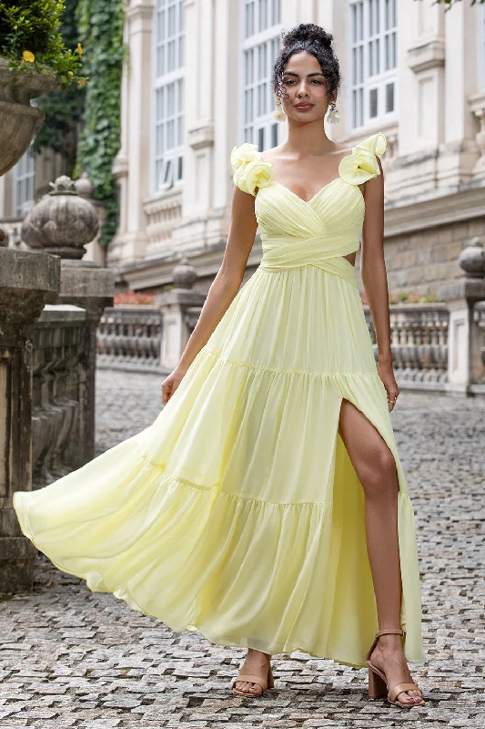 Wedding guest dresses with cold - shoulder designs and solid colorsSimple Lemon Yellow A Line Pleated Wedding Party Guest Dress with Ruffles Wedding guest dresses with cold - shoulder designs and solid colorsSimple Lemon Yellow A Line Pleated Wedding Party Guest Dress with Ruffles