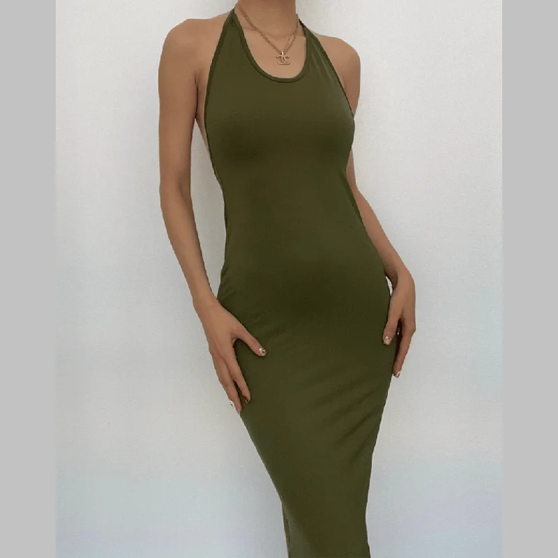 Ribbed - texture cocktail dresses with a cap - sleeve designBerryBetty - Solid sleeveless u neck self tie backless halter maxi dress