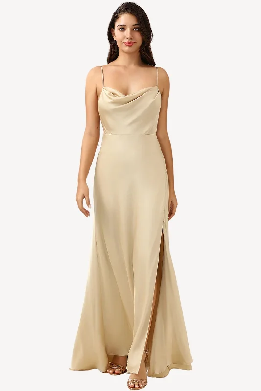 Metallic wedding guest dresses for a glamorous weddingSpaghetti Straps Champagne Wedding Guest Dress with Slit Metallic wedding guest dresses for a glamorous weddingSpaghetti Straps Champagne Wedding Guest Dress with Slit