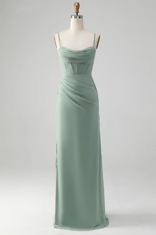 Sleeveless wedding guest dresses with pleated bodicesSpaghetti Straps Grey Green Mermaid Corset Bridesmaid Dress with Slit Sleeveless wedding guest dresses with pleated bodicesSpaghetti Straps Grey Green Mermaid Corset Bridesmaid Dress with Slit