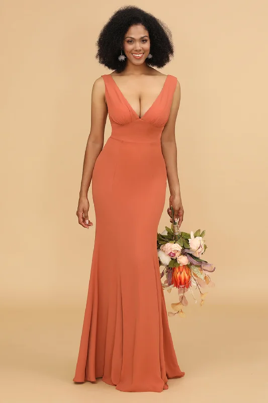 Wedding guest dresses with cold - shoulder ruffled sleeves and knee - length hemsSunset Mermaid V-neck Bridesmaid Dress With Ruffles Wedding guest dresses with cold - shoulder ruffled sleeves and knee - length hemsSunset Mermaid V-neck Bridesmaid Dress With Ruffles