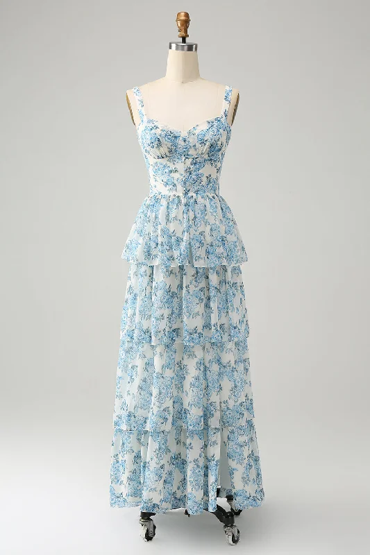 Wedding guest dresses with tassel - adorned belts and A - line skirtsWhite Blue Corset Tiered Floral Wedding Guest Dress Wedding guest dresses with tassel - adorned belts and A - line skirtsWhite Blue Corset Tiered Floral Wedding Guest Dress