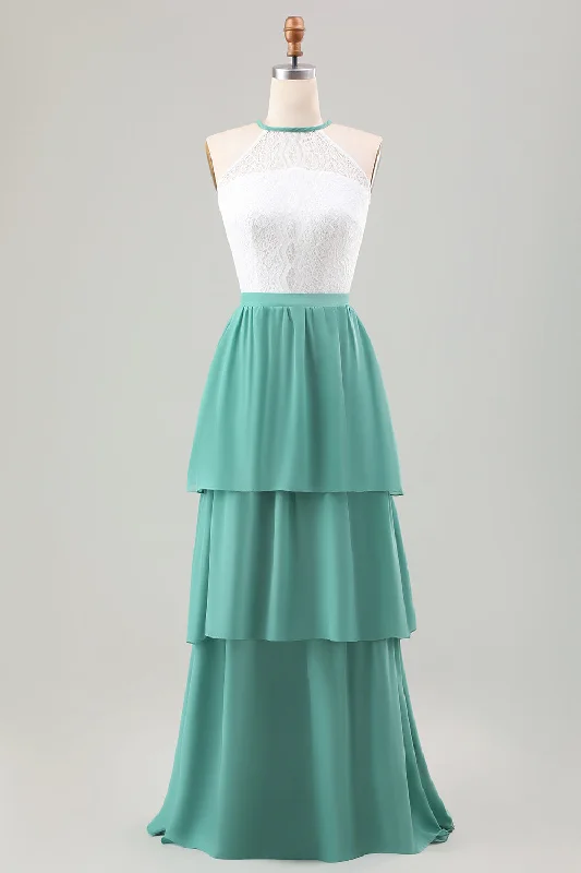 Ruffled - sleeve wedding guest dresses in light blue for a spring weddingEucalyptus A Line Tiered Ruffled Long Bridesmaid Dress With Lace Ruffled - sleeve wedding guest dresses in light blue for a spring weddingEucalyptus A Line Tiered Ruffled Long Bridesmaid Dress With Lace