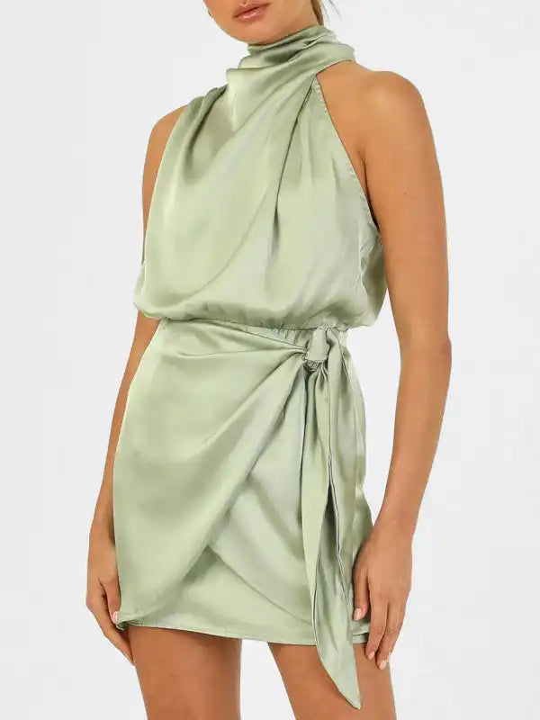 Ribbed - texture cocktail dresses with a cap - sleeve designWomen’s woven halter neck high-quality satin strap slim-fit celebrity mini dress Ribbed - texture cocktail dresses with a cap - sleeve designWomen’s woven halter neck high-quality satin strap slim-fit celebrity mini dress