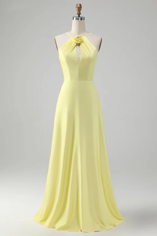 Off - the - shoulder wedding guest dresses in chiffonYellow A Line Halter Cut Out Long Bridesmaid Dress with Flower Off - the - shoulder wedding guest dresses in chiffonYellow A Line Halter Cut Out Long Bridesmaid Dress with Flower