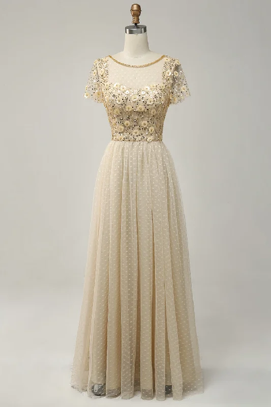 A-Line Apricot Long Prom Dress with Beading