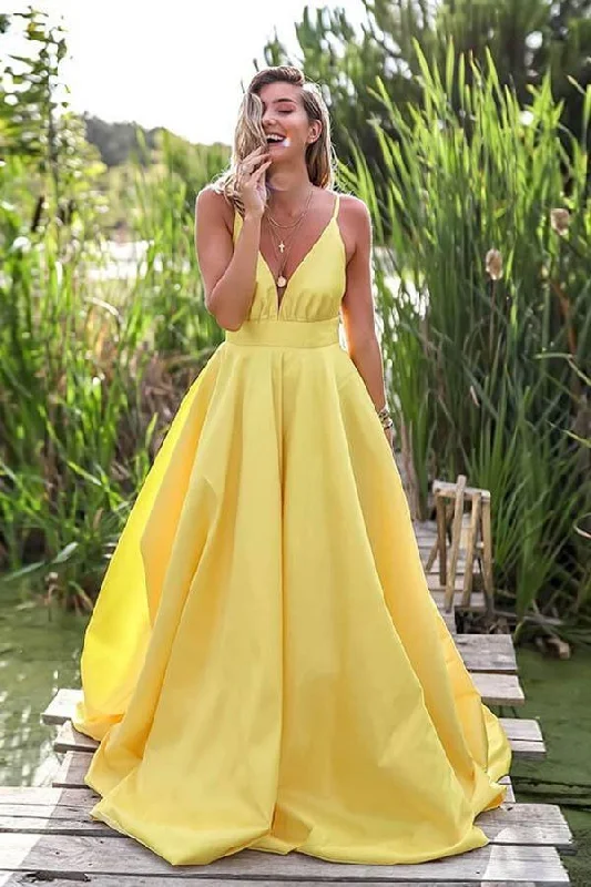 A Line Deep V Neck Backless Sweep Train Yellow Prom Dress PSK144