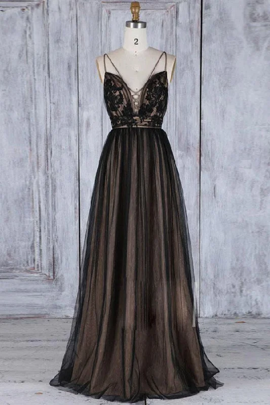 Party dresses with a unique neckline, like a sweetheart or square neckA-Line Deep V-Neck Sweep Train Black Tulle Backless Prom Dress PSK098 Party dresses with a unique neckline, like a sweetheart or square neckA-Line Deep V-Neck Sweep Train Black Tulle Backless Prom Dress PSK098