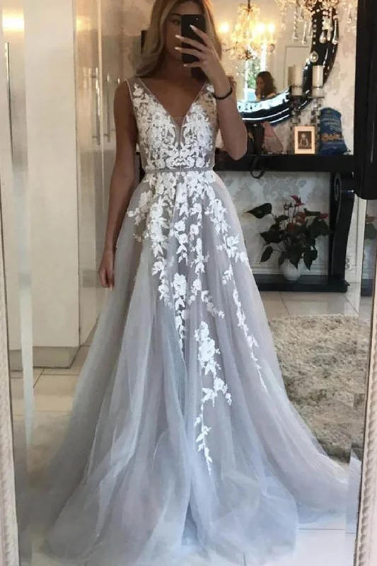 A-Line Deep V-Neck Tulle Grey Long Prom Dress with Appliques