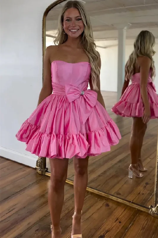 Sleeveless party dresses made of silk for a luxurious feel​A Line Fuchsia Strapless Ruffle Cute Homecoming Dress with Bow PD558