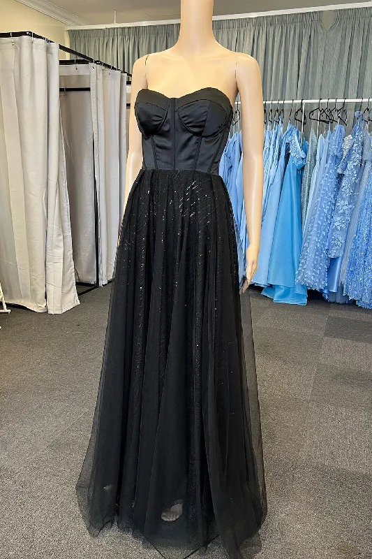 A-Line Glitter Sweetheart Balck Corset Prom Dress