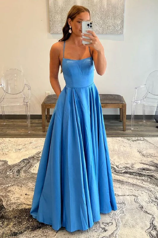 A-Line Halter Backless Satin Blue Long Prom Dress with Pockets