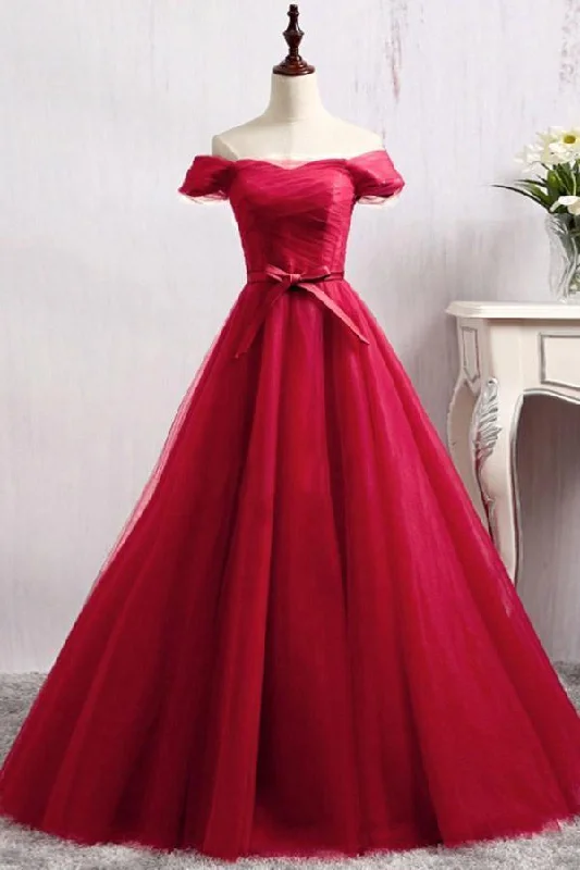 Sparkly sequined party dresses for a glamorous lookA-Line Off-the-Shoulder Floor-Length Dark Red Tulle Prom Dress PSK097 Sparkly sequined party dresses for a glamorous lookA-Line Off-the-Shoulder Floor-Length Dark Red Tulle Prom Dress PSK097