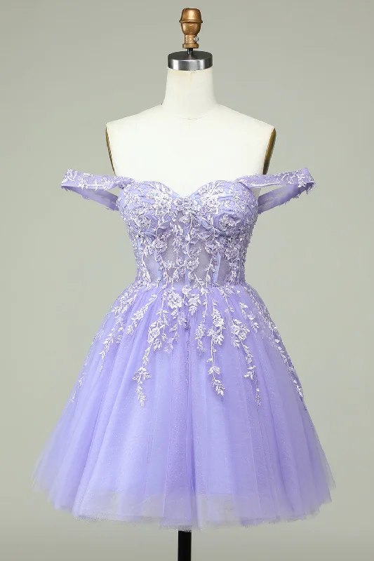 Tulle party dresses with a fairy - tale charm for formal occasionsA Line Off the Shoulder Lilac Corset Short Prom Dress with Appliques Tulle party dresses with a fairy - tale charm for formal occasionsA Line Off the Shoulder Lilac Corset Short Prom Dress with Appliques