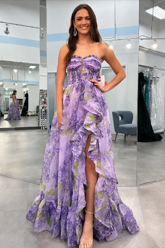Formal dresses with tiered skirts and pearl embellishments for a luxurious feelA-Line Off the Shoulder Printed Lavender Prom Dress with Removable Sleeves Formal dresses with tiered skirts and pearl embellishments for a luxurious feelA-Line Off the Shoulder Printed Lavender Prom Dress with Removable Sleeves