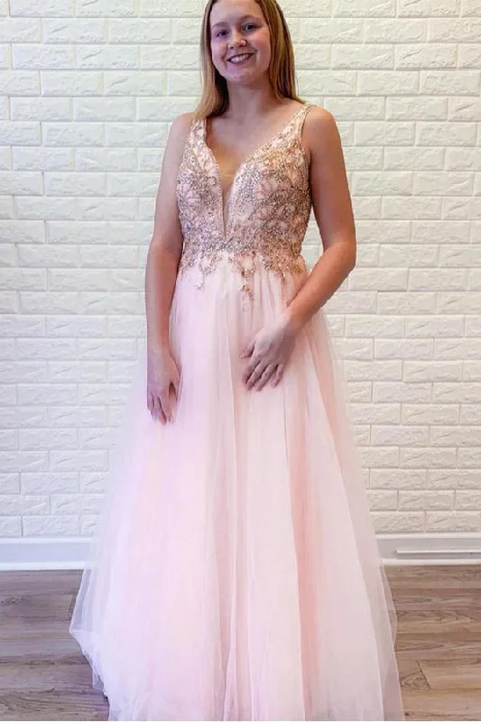 A-Line Pink Tulle V-neck Backless Beading Crystal Prom/Formal Dress PSK151