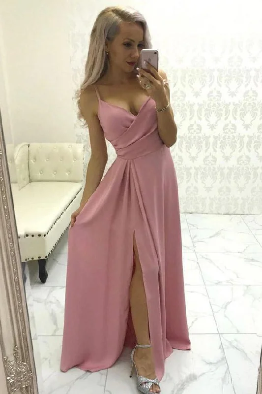 Party dresses with a pom - pom trim for a fun and festive touchA-line Simple Satin Evening Gown Spaghetti Straps Prom Dress with Split PSK117 Party dresses with a pom - pom trim for a fun and festive touchA-line Simple Satin Evening Gown Spaghetti Straps Prom Dress with Split PSK117