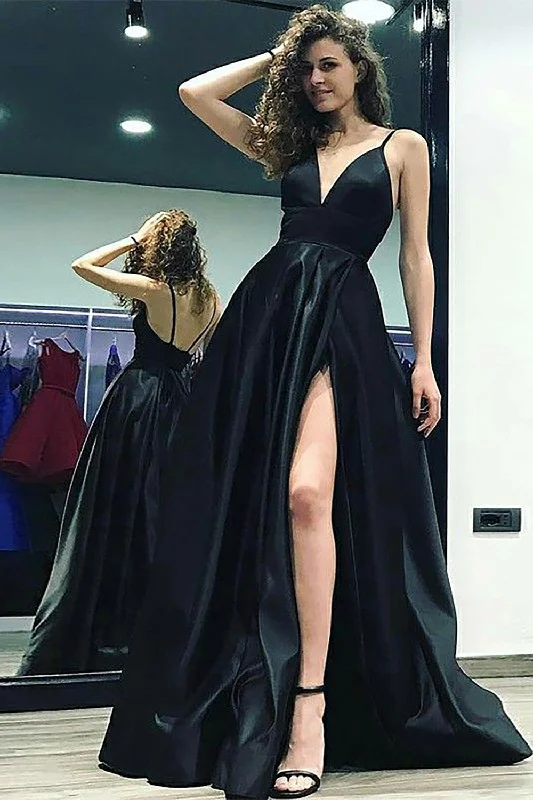 A-Line Spaghetti Straps Black Satin Long Prom Dress with Slit