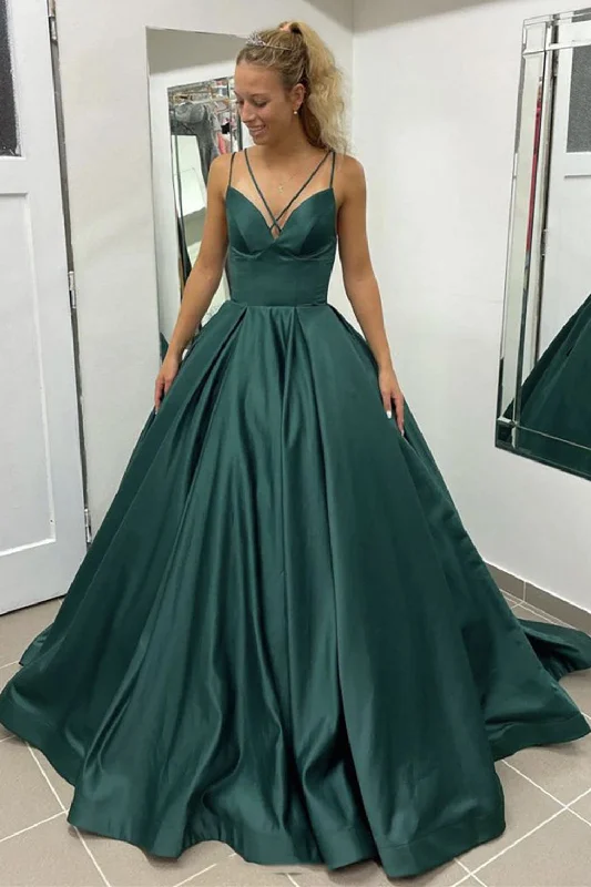 A-Line Spaghetti Straps Dark Green Satin Corset Long Prom Dress