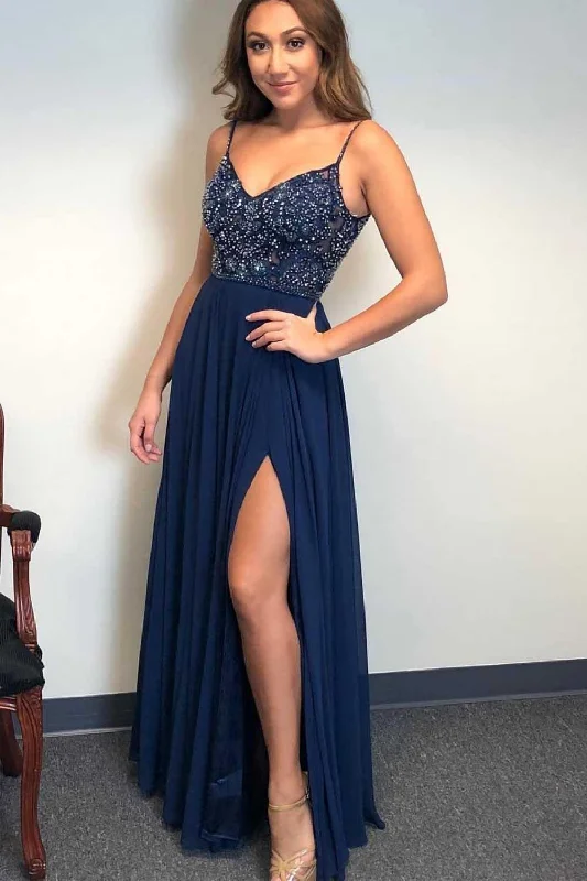 Prom party dresses with a glamorous and elegant aestheticA-line Spaghetti Straps Dark Navy Long Prom Dresses Beaded Evening Dress PSK122 Prom party dresses with a glamorous and elegant aestheticA-line Spaghetti Straps Dark Navy Long Prom Dresses Beaded Evening Dress PSK122