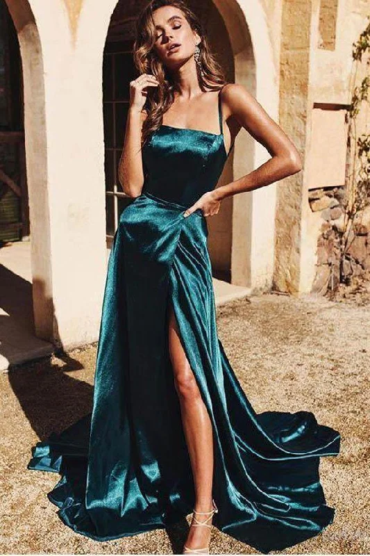 Sheath party dresses in a bold color for a statement - making outfit​A-line Spaghetti Straps Long Prom Dresses Formal Gowns PSK080