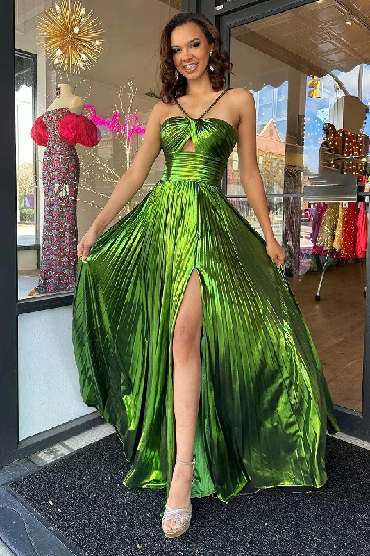 A-Line Spaghetti Straps Pleated Green Prom Dress with Slit