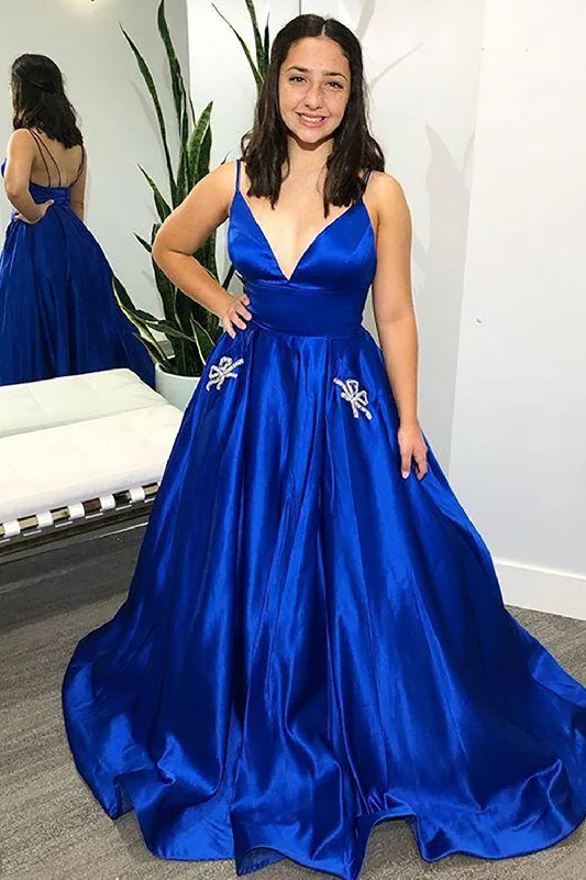 A-Line Spaghetti Straps Royal Blue Satin Long Prom Dress with Pockets