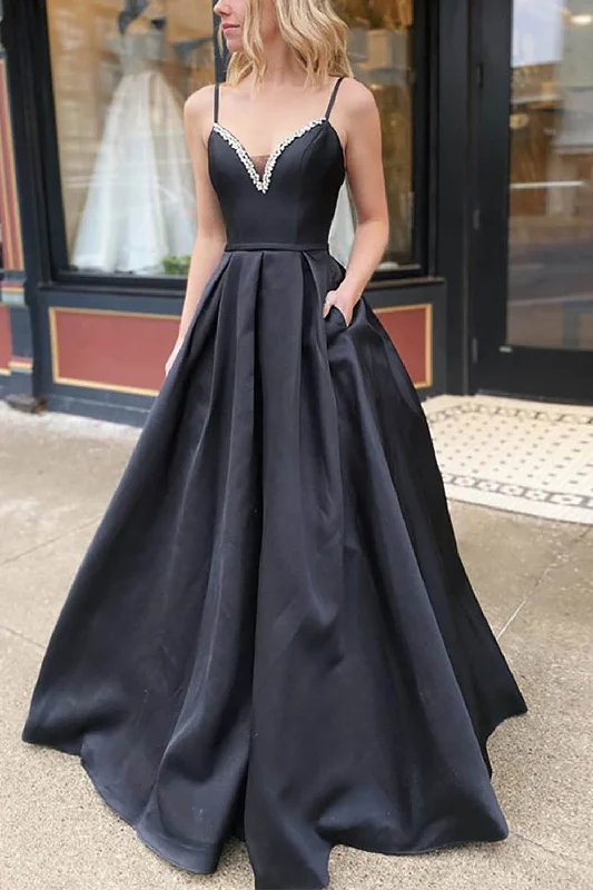 A-Line Spaghetti Straps Satin Black Long Prom Dress with Pockets