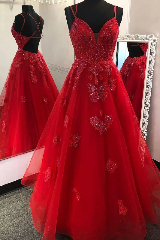 A-Line Sparkly Red Long Prom Dress with Appliques