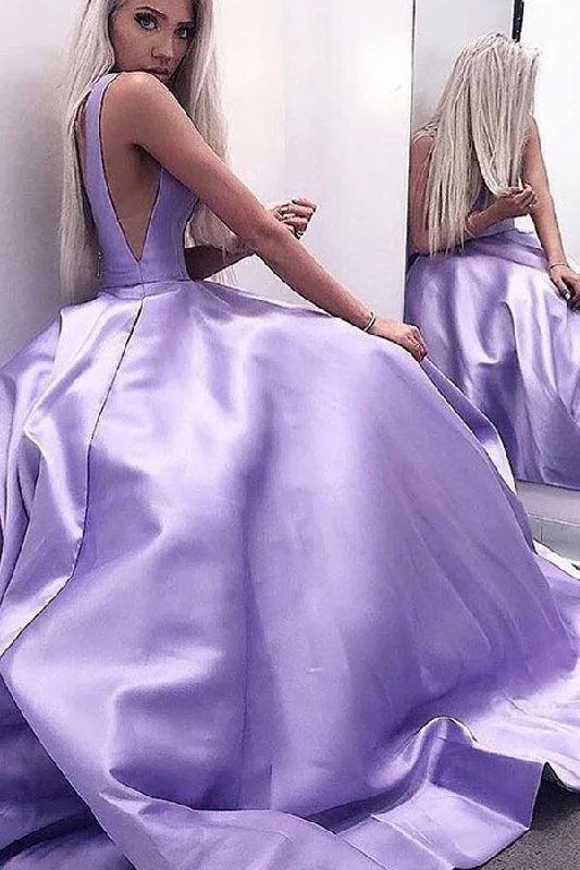 Strapless party dresses with a beaded bodice for added eleganceA-Line V-Neck Backless Sweep Train Lilac Satin Prom Gown Party Dress PSK114 Strapless party dresses with a beaded bodice for added eleganceA-Line V-Neck Backless Sweep Train Lilac Satin Prom Gown Party Dress PSK114