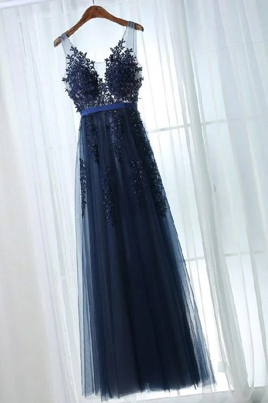 Party dresses with a fringed detail for a fun and dynamic styleA-Line V-Neck Floor-Length Navy Blue Tulle Prom Dress with Appliques PSK102 Party dresses with a fringed detail for a fun and dynamic styleA-Line V-Neck Floor-Length Navy Blue Tulle Prom Dress with Appliques PSK102