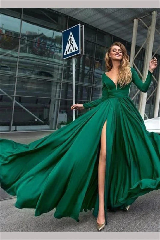 Party dresses with a V - neck design to enhance the neckline​A-Line V-Neck Long Sleeves Dark Green Prom/Formal Dress With Split PSK082