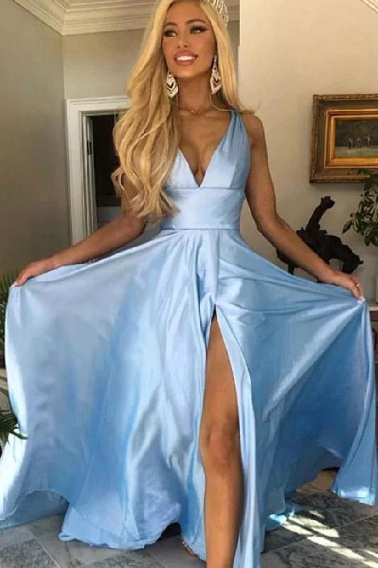 Party dresses with a sheer panel for a hint of allure​A Line V Neck Open Back Light Blue Prom/Formal Dress With Split PSK078