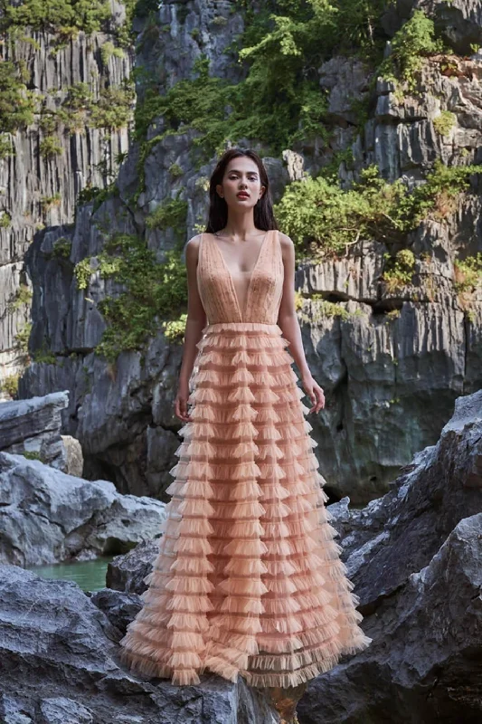 Tea - length party dresses for a sophisticated and versatile option​Azcona Layered V-Neck Mesh Sheer Maxi Dress