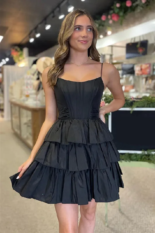 A - line party dresses with a floral print for spring eventsBlack Straps Satin A-Line Short Corset Homecoming Dress With Bow PD543 A - line party dresses with a floral print for spring eventsBlack Straps Satin A-Line Short Corset Homecoming Dress With Bow PD543