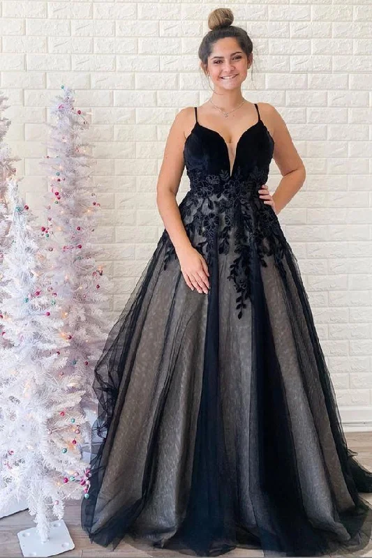 V Neck Backless Tulle Black Prom Dress With Applique PSK141