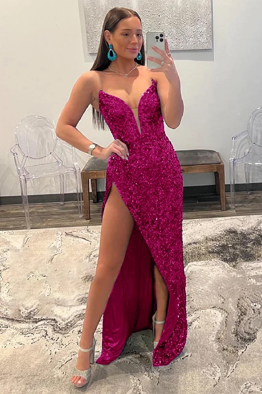 Formal dresses with pleated yokes and button - up fronts for a classic and refined lookFuchsia Strapless Sequin Prom Dress with Slit Formal dresses with pleated yokes and button - up fronts for a classic and refined lookFuchsia Strapless Sequin Prom Dress with Slit