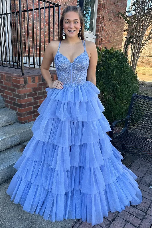 Blue Tulle Tiered Princess Corset Prom Dress with Appliques