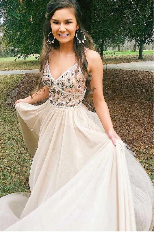 A - line party dresses with a floral print for spring events​Chic Spaghetti Straps Low Back A Line Long Evening Dress PSK083