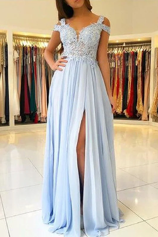 Cold Shoulder Light Blue Tulle Long Prom Dress with Appliques