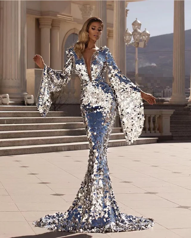 Formal dresses with wrap - around styles and beaded belts for a customized fitED2229 Kimshein Womens New Trending Clothing Deep V Neck Big Sequin Long Sleeve Evening Dresses Women Lady Elegant Formal dresses with wrap - around styles and beaded belts for a customized fitED2229 Kimshein Womens New Trending Clothing Deep V Neck Big Sequin Long Sleeve Evening Dresses Women Lady Elegant