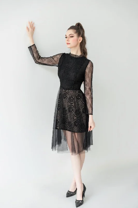 Evelyn A-line Long Sleeved Lace Below The Knee Dress