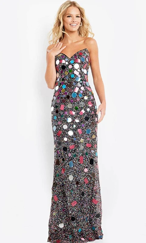 Formal dresses with one - shoulder ruffled straps and sequined bodices for a trendy and eye - catching lookJovani 03404 - Reflective Embellished Strapless Gown Formal dresses with one - shoulder ruffled straps and sequined bodices for a trendy and eye - catching lookJovani 03404 - Reflective Embellished Strapless Gown