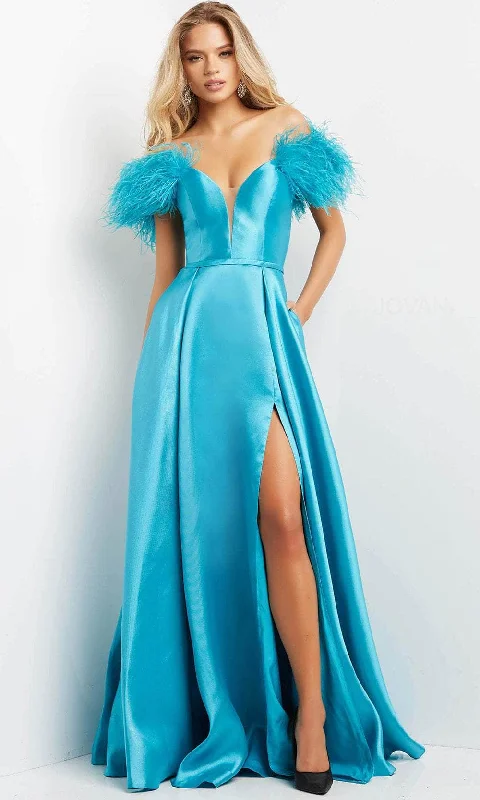 Jovani 08321 - Feathered Off Shoulder Evening Gown