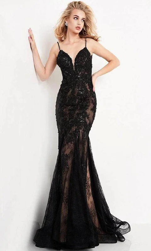 Formal dresses with high - low hems and floral embroidery for a unique prom styleJVN by Jovani - JVN06475 Embellished Deep V Neck Trumpet Dress Formal dresses with high - low hems and floral embroidery for a unique prom styleJVN by Jovani - JVN06475 Embellished Deep V Neck Trumpet Dress