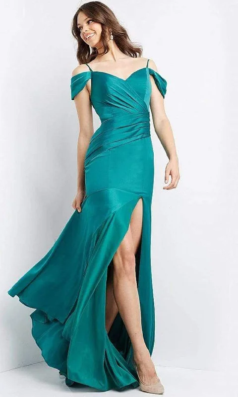 Prom dresses with tiered ruffled sleeves and satin skirts for a feminine and voluminous lookJVN by Jovani - JVN08414 Cold Shoulder Pleated Bodice High Slit Long Dress Prom dresses with tiered ruffled sleeves and satin skirts for a feminine and voluminous lookJVN by Jovani - JVN08414 Cold Shoulder Pleated Bodice High Slit Long Dress