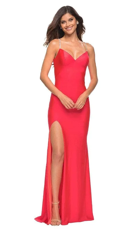 La Femme - 30602 V Neck Fitted High Slit Gown