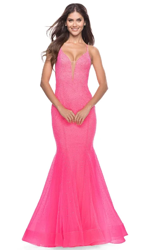 Prom dresses with lace - trimmed hems and off - the - shoulder necklines for a delicate lookLa Femme 31407 - Rhinestone Embellished V-Neck Evening Gown Prom dresses with lace - trimmed hems and off - the - shoulder necklines for a delicate lookLa Femme 31407 - Rhinestone Embellished V-Neck Evening Gown
